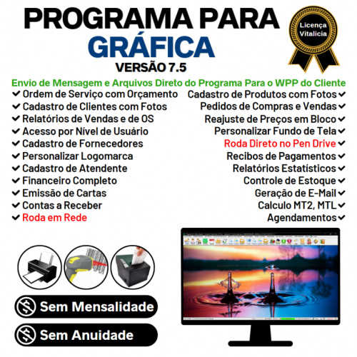 Programa Ordem de Serviço Gráfica Rápida Vendas Estoque Financeiro e Estatística v7.5 Plus Whatzapp - Fpqsystem 718880