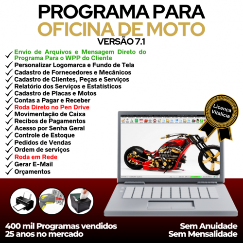 Programa Os Oficina Mecânica Moto com Check List Vendas Estoque e Financeiro v7.1 Plus Whatsapp via Os - Fpqsystem 718882