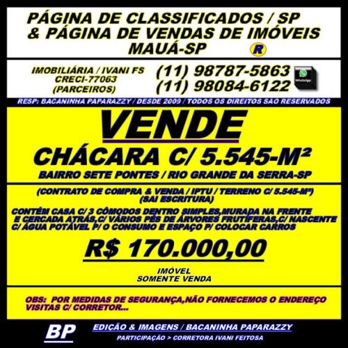 Vende Chácara Com 5.545-m² - Bairro Sete Pontes - Rio Grande Da Serra-sp 723222